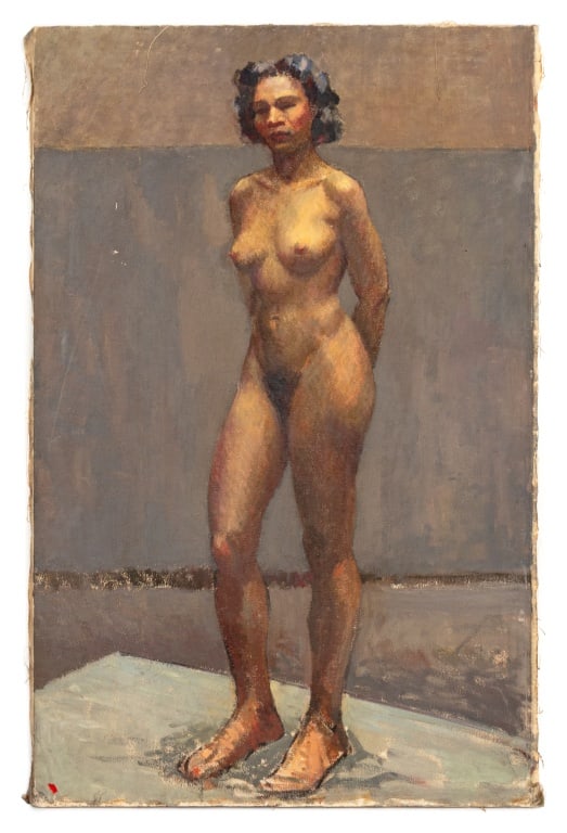 American School Standing Nude Woman Oil on Canvas: American School, Standing Nude Woman, Oil on Canvas, the reverse painted with seated female nude, signed "J. Clark" and inscribed "Brackman Carter AM" to verso, unframed. 50" H x 32" W. Provenance: Fr