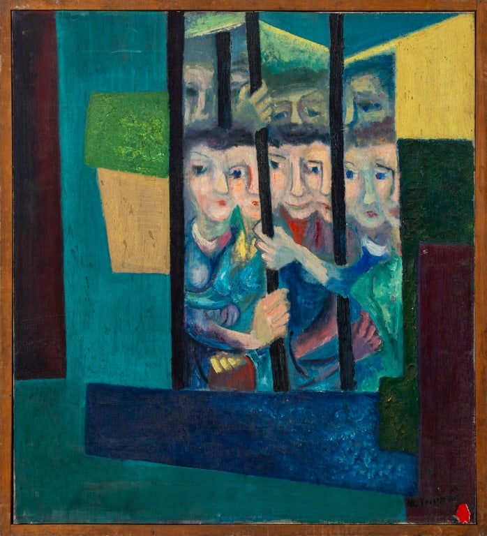 Rose Jenkins Surrealist Women in Jail Oil, 1952: Rose Jenkins (American, XX), Surrealist Women in Jail, Oil on Canvas, 1952-53, signed lower right, signed, dated, and marked "Levi AM" to verso, wood frame. Image: 20" H x 18" W; frame: 21" H x 19" W 