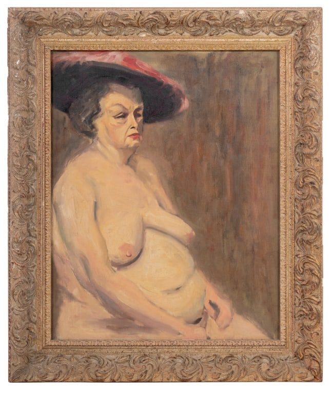 American School Seins Affaisses Oil on Canvas: American School, Seins Affaisses, Oil on Canvas, early 20th century, depicting a seated nude female figure, unsigned, titled verso, giltwood frame. Image: 20" H x 16" W; frame: 25" H x 21" W. Keywords