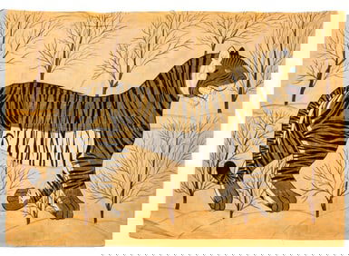 Indian Rajasthan Tiger Prowling Gouache on Cloth