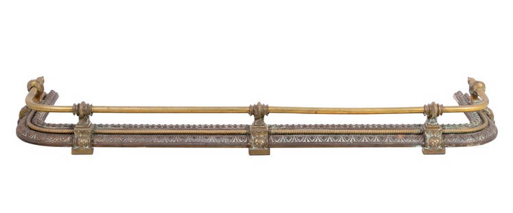 Victorian Gilt Brass Fire Fender, ca. 1880: Victorian Gilt Brass Fire Fender, circa 1880, with curved rail and cast base with palmette borders. 60" W x 15" D. Keywords: British, Fire curb, Fireplace Accessories, Tools, Hearth, Antique, Metalwor