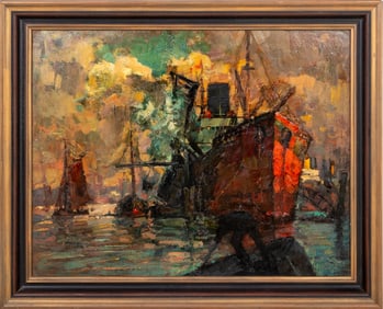 Illegibly Signed Shipyard Oil on Board, 1920