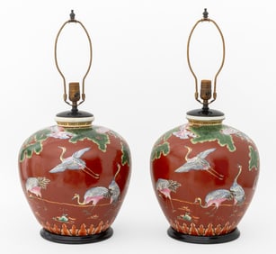 Chinese Heron Motif Porcelain Vases as Lamps, Pair