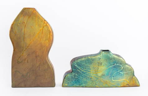 Jane Ford Aebersold Iridescent Pottery Vases, 2: Two Jane Ford Aebersold (American, b. 1941) Iridescent Glazed Stoneware Vases, comprising: "Ventana Suite II", 1987, signed, dated, and labeled to underside, and "Brocade Baroque #3", 1986, signed, da