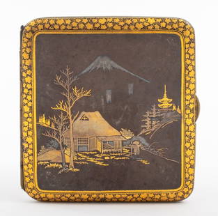 Japanese 24K Gold & Silver Overlay Cigarette Case: Japanese 24K Yellow Gold and Silver Overlay Cigarette Case, decoration depicting a village landscape scene with Mount Fuji in the distance within an ivy vine border, three birds to the reverse and mon