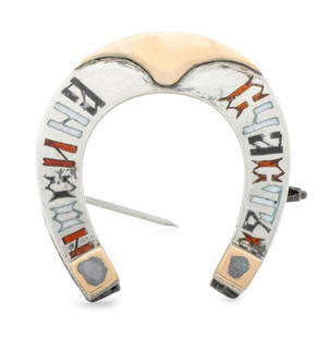 Ovchinnikov Attr. Gold Silver Enamel Horseshoe Pin: Firm of Pavel Ovchinnikov Attributed Russian 14K Rose Gold Mounted Champleve Enameled 840 Silver Horseshoe Brooch, of typical form and with enameled inscription reading in Cyrillic "Nosi na schast'e"