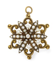 14K Gold Seed Pearl Diamond Brooch Pendant