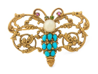 14K Yellow Gold Multi Gemstone Butterfly Pin