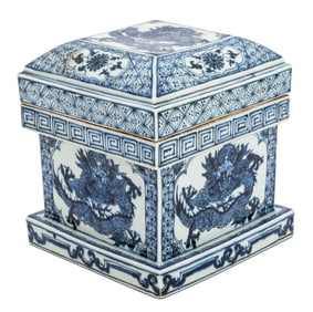 Chinese Blue & White Dragon Motif Porcelain Box
