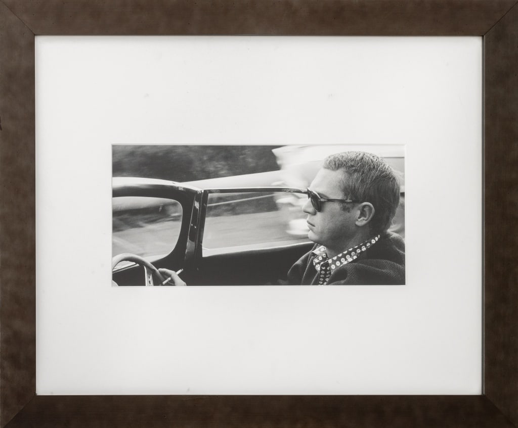 Sid Avery "Steve McQueen.." Archival Pigment Print: Sid Avery (American, 1918-2002), "Steve McQueen in his 1957 Jaguar XKSS Driving Through Nichols Canyon in Hollywood, CA", Archival Pigment Print on Acid Free Paper, 1960, printer later 1978, titled, d