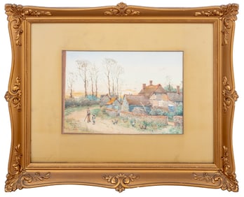 Illegibly Signed Village Landscape Watercolor