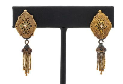 Victorian 14K Gold Pearl Enamel Earclips