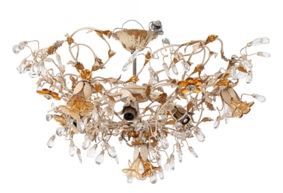 Tole Peinte Floral Glass Six-Light Chandelier
