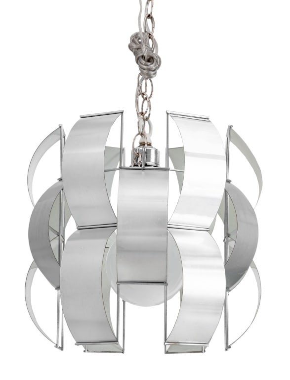 Max Sauze Chrome Plated Steel Ribbon Chandelier: Max Sauze Chrome Plated Steel Ribbon Chandelier, having curved ribbon forms surrounding central light. 23" H x 14" Diameter. Provenance: From a New York City Collection. Keywords: Lighting, Hanging ce
