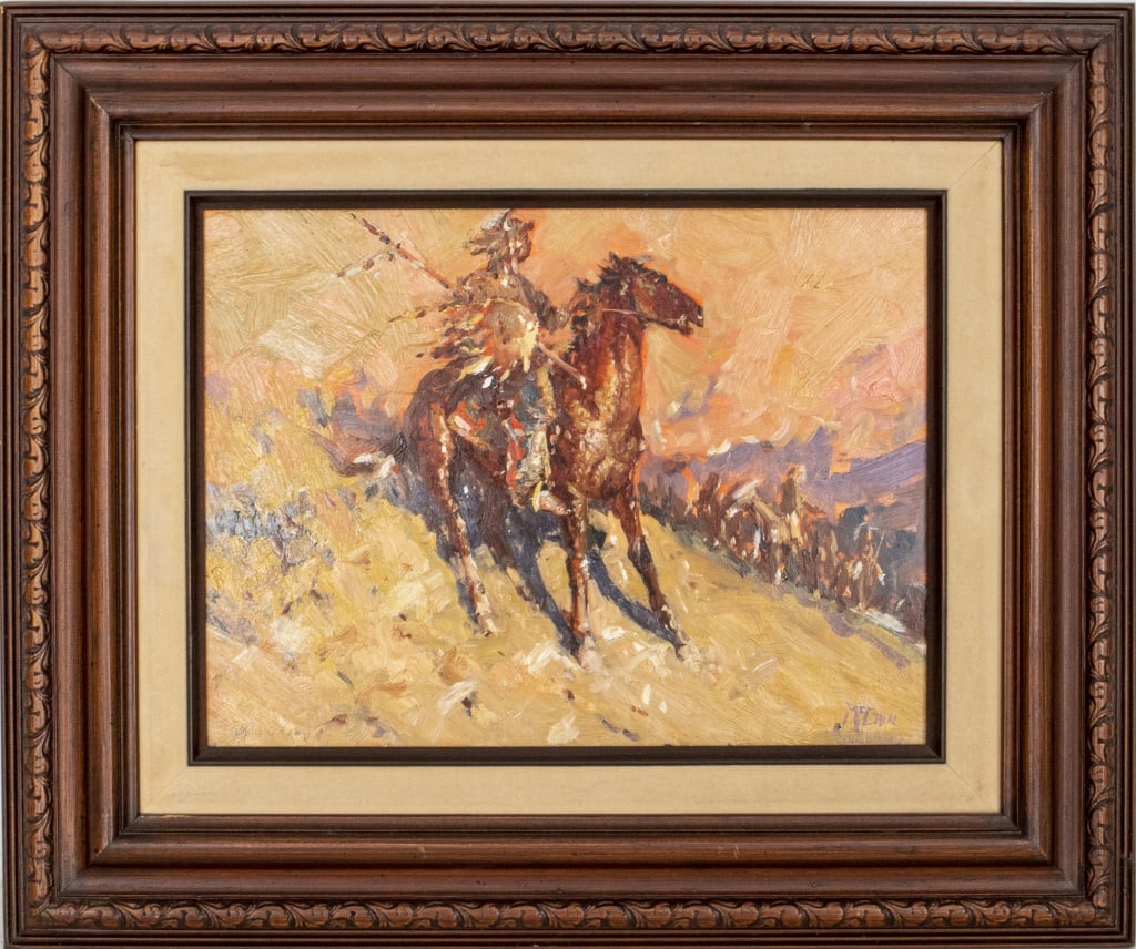 Buck McCain Western Scene Oil on Board: Buck McCain (American, b. 1943), Western Scene, Oil on Board, depicting Native American figure on horseback rendered in loose impressionistic brush strokes, signed "McCain Oil Study" lower right, carv