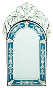 Venetian Blue & White Etched Floral Motif Mirror