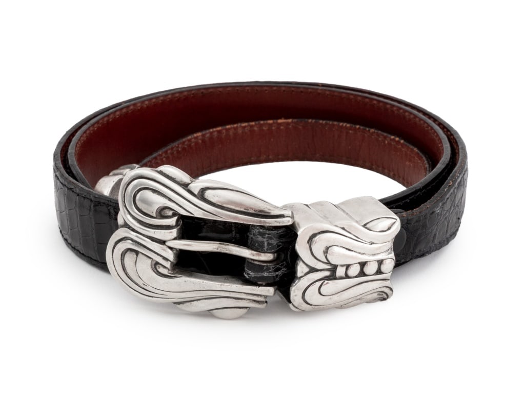 Barry Kieselstein-Cord Sterling and Alligator Belt: Barry Kieselstein-Cord Sterling Silver Buckle Black Alligator Belt, 1988, with molded buckle marked "Kieselstein-Cord / 1988 / U.S.A. Sterling" to the buckle and "Barry Kieselstein-Cord / New York / G