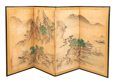 Japanese Ink and Watercolor 4-Panel Floor Screen