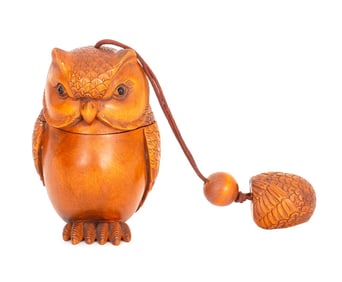 Japanese Signed Carved Wood Owl Netsuke Inro