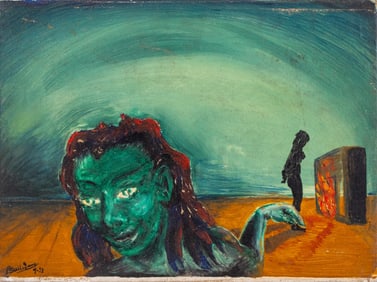 P. Sullivan Surrealist Figural Scene Oil, 1953