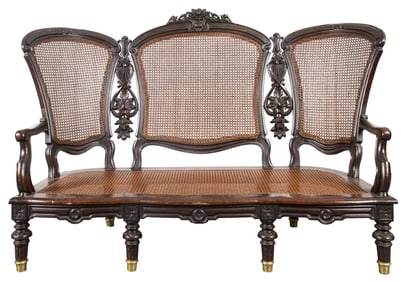 American Victorian Carved Wood Caned Settee
