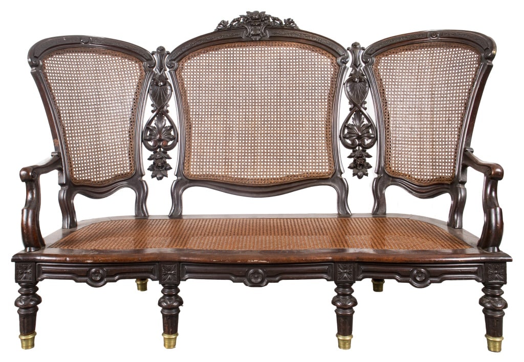 American Victorian Carved Wood Caned Settee (1 of 8)