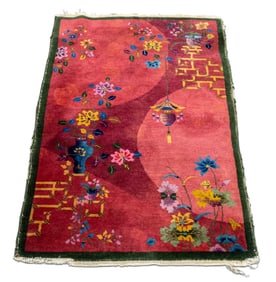 Chinese Nichols Art Deco Red Rug, 5' x 3'