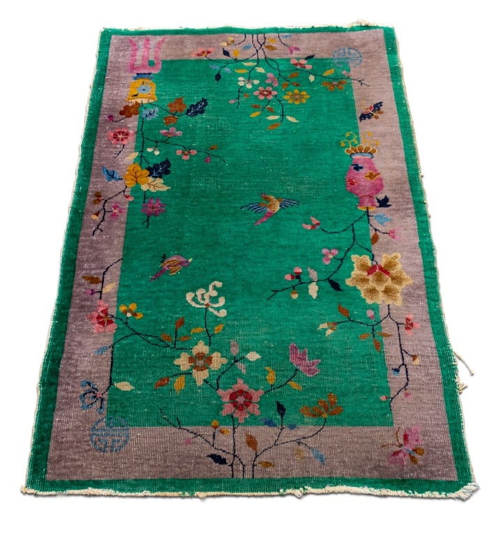 Chinese Nichols Art Deco Blue Rug, 4' 10" x 3': Chinese Nichols Art Deco Rug, blue ground with floral decor and flying birds. 4' 10" L x 3' W. Provenance: From a New York City Collection. Keywords: Carpets, Floor covering, Asian Textiles, Floor cov
