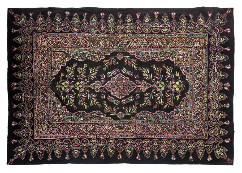 Turkish Flat Stitched Tapestry, 8' 9" x 6' 1": Turkish Flat Stitched Tapestry, with multicolored floral embroidered design on black wool. 8' 9" L x 6' 1" W. Provenance: From a New York City Collection. Keywords: Tapestries, Textiles, Fabric Art, E