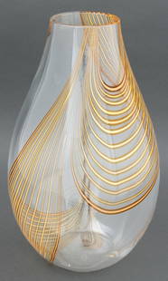 Livio Seguso Art Glass Vase: Livio Seguso (Italian, 1930-2009) Art Glass Vase with tan abstract ribbon design, 1970s, signed "Des L. Seguso" to the underside. 12.75" H x 8" Diameter. Provenance: From an Upper East Side Estate. Ke