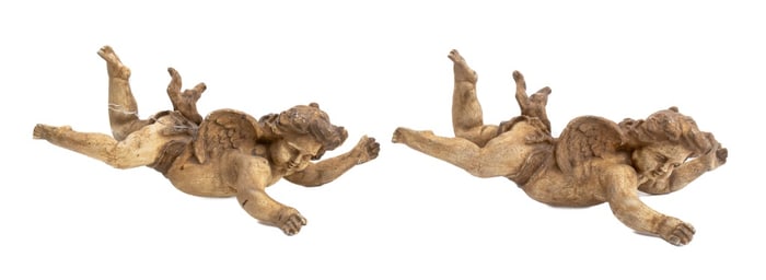 Polychrome Composite Cherub Sculptures, Pair