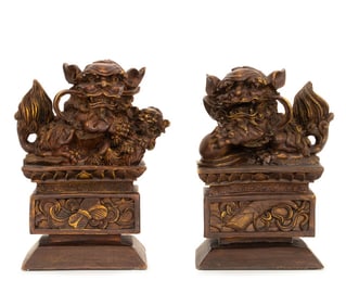 Chinese Buddhist Foo Lion Wood Sculptures, Pair