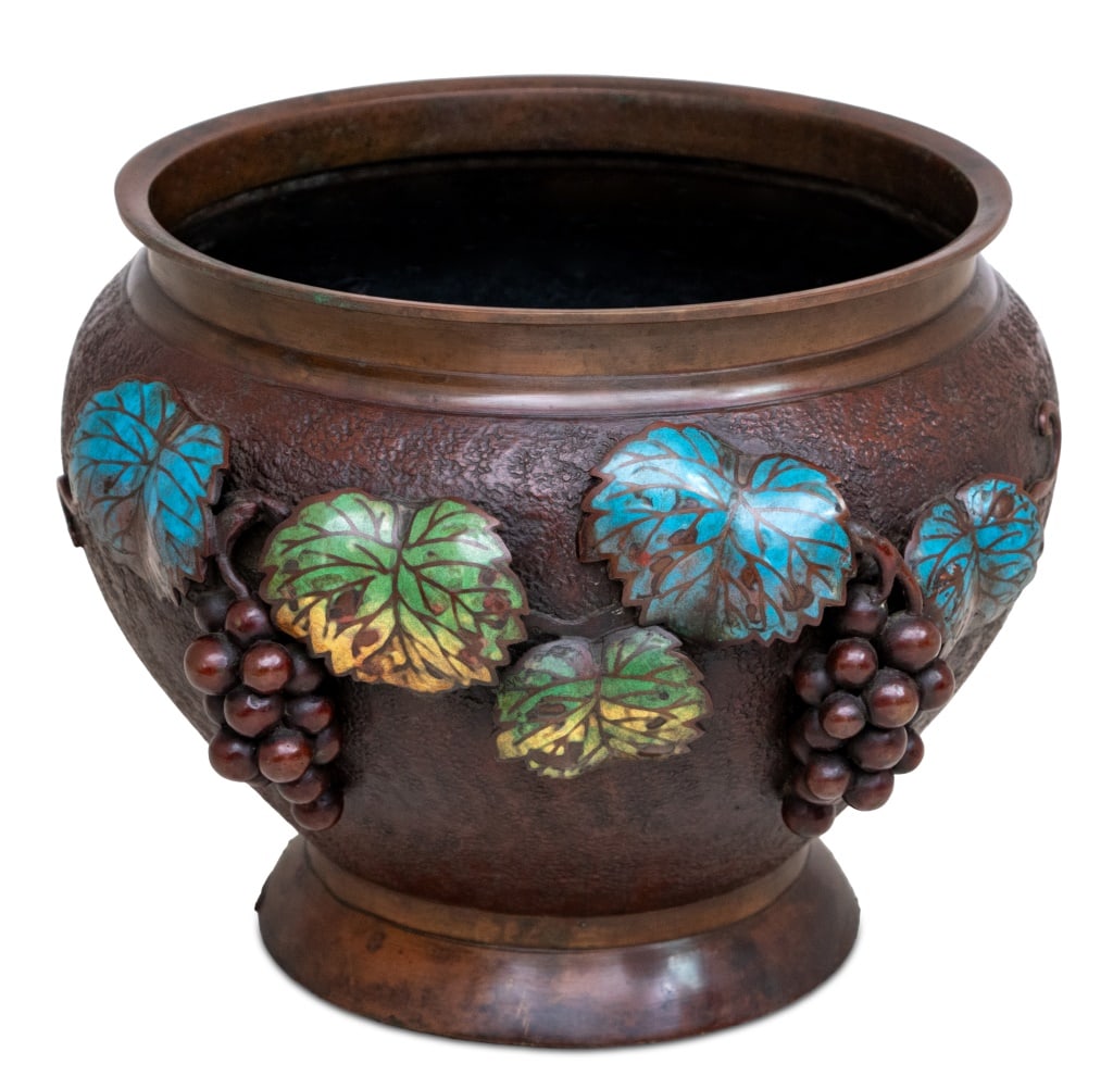 Chinese Enamel and Bronze Jardiniere: Chinese Enamel and Bronze Jardiniere, early 20th century, with applied grape vine decoration. 9.5" H x 12.5" Diameter. Keywords: Asian Arts, China, Bronzier, Antique, Metalwork, Enameled, Cloisonne, P