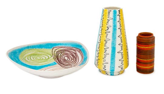 Alvino Bagni, Etc. Italian Art Pottery Vessels, 3: Group of Three Italian Mid-Century Modern Art Pottery Vessels, comprising: Alvino Bagni for Raymor bowl with abstract swirl design to center, marked "R143 / SA / Raymor / Italy" to underside, Alvino B