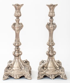 European Silvered Shabbat Candlesticks, Pair