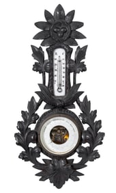 Carved Oak Barometer Thermometer, 19th C.