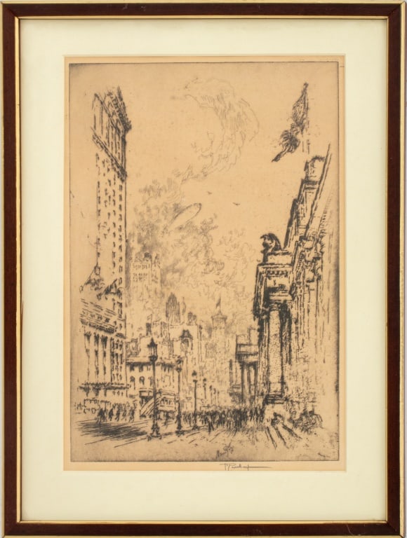 Joseph Pennell "From the Station..." Etching, 1919: Joseph Pennell (American, 1857-1926), "From the Station to the Hotel", Etching, circa 1919, signed in plate, signed in pencil bottom margin, wood frame. Image: 11.75" H x 8" W; frame: 15.75" H x 12" W