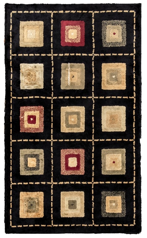 Modern Silk-Blend Geometric Rug, 3' 6" x 2' 1": Modern Silk-Blend Geometric Rug, concentric squares within dotted-line grid on a black ground. 3' 6" L x 2' 1" W. Provenance: From an Upper East Side Collection. Keywords: Rug, Carpet, Runner, Wool, T