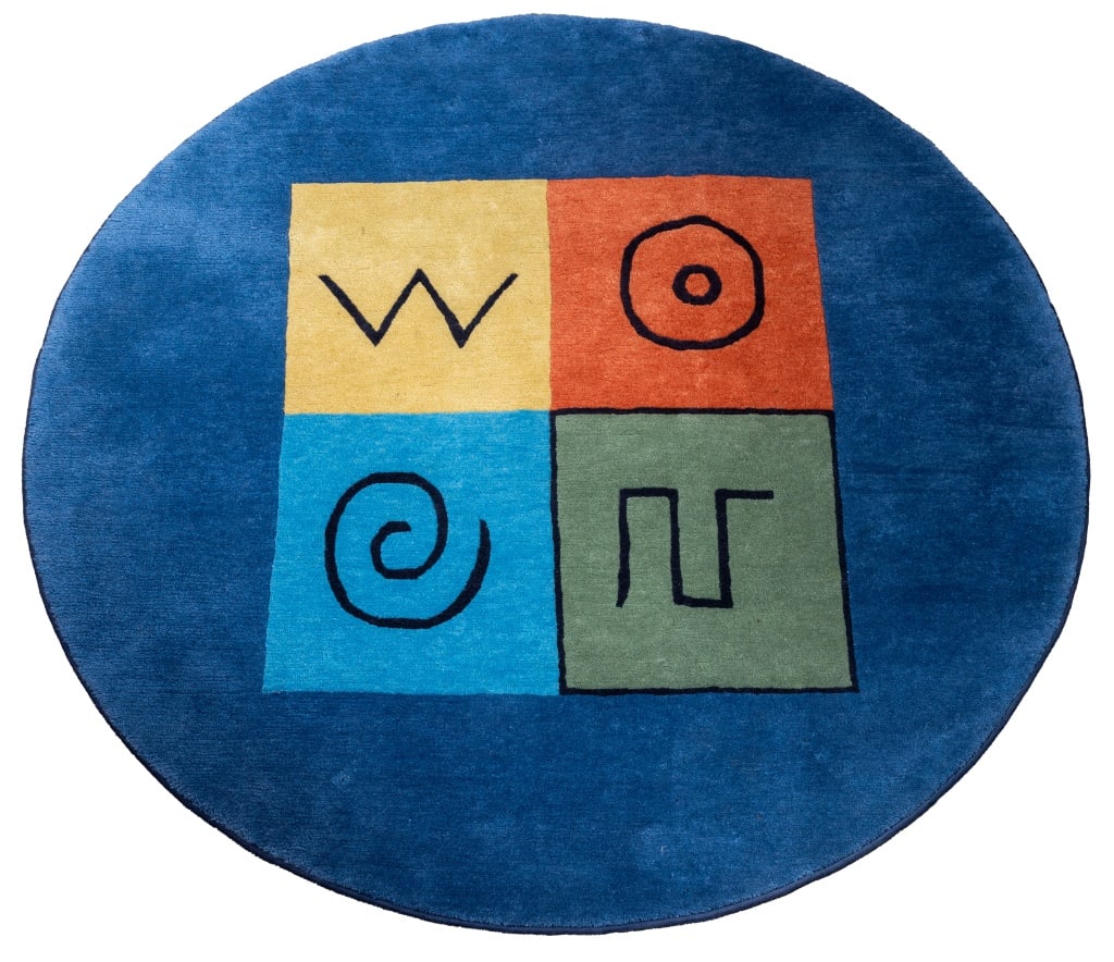 Postmodern Abstract Circular Rug: Postmodern Abstract Circular Wool Pile Rug. 72" Diameter. Provenance: From the Fifth Avenue Estate of Sherle Wagner. Keywords: Modern Style, Carpets, Textiles, Floor Covering, Vintage, Interior Design