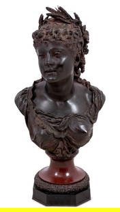 Pierre Louis Detrier Bronze Bust of a Woman: Pierre Louis Detrier (French, 1822-1897) Bronze Bust of a Woman, late 19th century, the beauty wearing a floral crown and flowing dress, signed, on a Rouge Griotte marble socle with laurel border, on