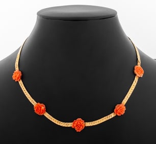 Italian 14K Gold Carved Coral Flower Necklace