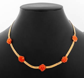 Italian 14K Gold Carved Coral Flower Necklace: Italian 14K Yellow Gold Carved Red Coral Flower Necklace, featuring five prong set carved red coral flowers approx. 12.5 x 10 mm each, linked to segmented herringbone chain necklace joined by lobster