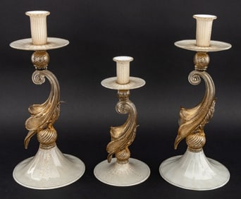 Murano Gold-Flecked Glass Candlesticks, 3