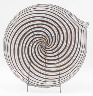 Murano Art Glass Charger: Murano Art Glass Charger, clear with spiral gray and blue abstract design, unmarked, with chrome stand. Overall: 25" H x 21.5" W; plate only 23.25" L x 21.5" W. Provenance: From an Upper East Side