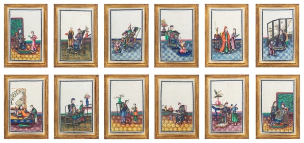 Chinese Figural Interior Scene Watercolors, 12