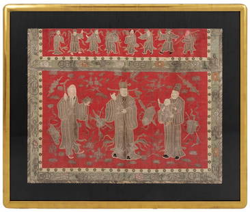 Chinese Figural Scene Embroidered Silk Textile: Chinese Figural Group Scene Embroidered Silk Textile Panel, 19th century, with mirrored embellishments and silver thread, giltwood frame. Image: 33.5" H x 42.75" W; frame: 45.25" H x 53.5" W. Provenan