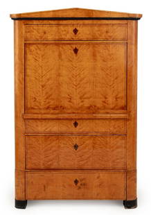 Swedish Biedermeier Satin Birch Escritoire: Swedish Biedermeier Satin Birch Escritoire, circa 1840, of architectural form, the frieze drawer above the fallfront, revealing a fitted interior comprising a central cupboard, and an arrangement of d