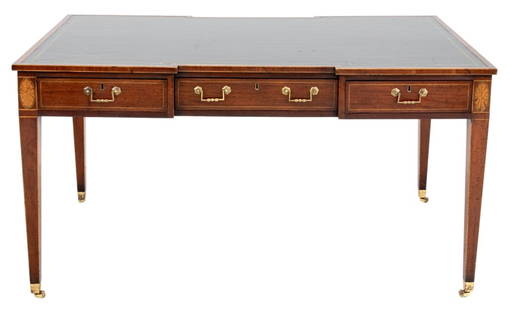 George III Inlaid Mahogany Partner's Desk: George III Inlaid Mahogany Inverted Breakfront Partner's Desk, with gilt-tooled leather top above three drawers to each side. 31.75" H x 60" W x 36" D. Provenance: From a Palm Beach Collection. Keywor