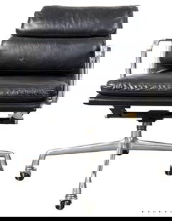 Eames x Herman Miller Leather Soft Pad Desk Chair: Charles Eames for Herman Miller Chrome and Black Leather Soft Pad Swivel Desk Chair, on casters. 32" H x 23" W x 21" D; seat: 17" H. Provenance: Property from a private residence furnished by James Mo