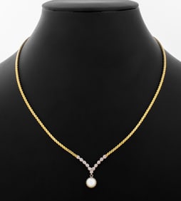14K Yellow Gold Diamond Cultured Pearl Necklace